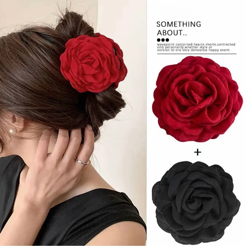 Red & Black Rose Flower Hair Clip - Women Accessories Duo Set